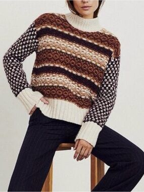 Veronica Beard Clary Alpaca Turtleneck Sweater Neutral Multi Brown Size XS